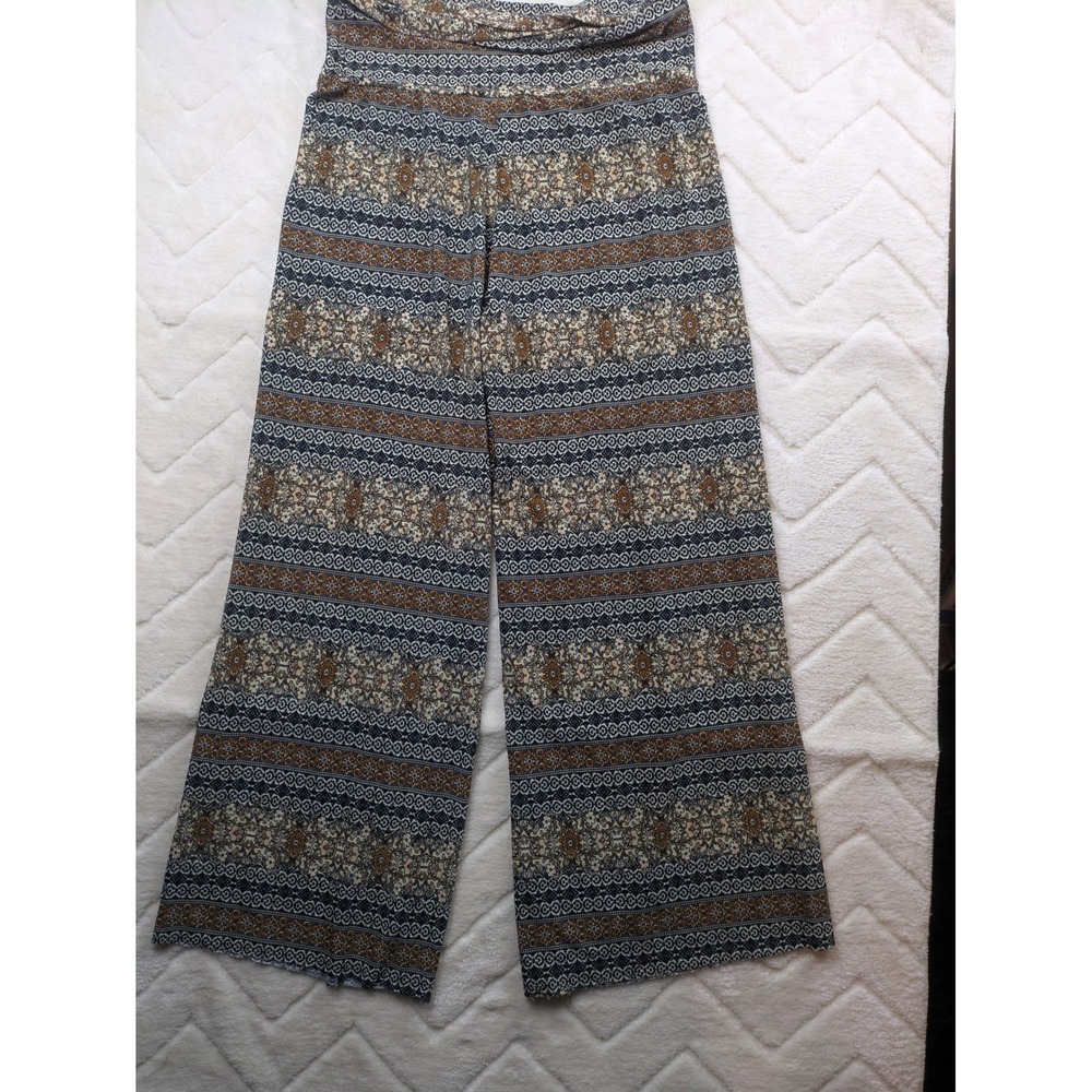 Boho Wide Leg Printed Pants Brown Blue Geometric Floral High Waist Trousers